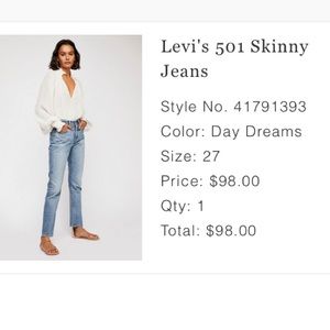 Levi’s 501 Skinny Jeans 100% Cotton